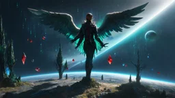 matrix, god creation, few planets on the back ground. small and large monoliths of red, blue, and green crystals of tiberium on the right side, seven space trees on the left side of the angel from the other dimensions.