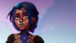 She's diminutive, with brown skin, short black dreadlocks hair. She has indigo blue eyes. She wore a long blue cape over a white dress.