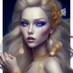 a princess with a lot of jewellery, long blonde hair, gold lipstick, blue eyes,with feather dramatic, dramatic lighting, pixar style, volumetric lighting, hyperrealism, 8k, high quality, photorealistic, lot of details