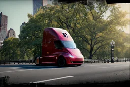 A Tesla 'Semi' (semi truck) is parked, in 'Central Park' in New York City. (CINEMATIC, WIDE ANGLE LENS, PHOTO REAL)