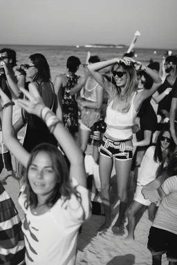 party on the beach of Porto Racanti in the middle of summer, music, dancing, celebration, toast, photography taken with a Leica camera and a 35 mm lens, black and white photography