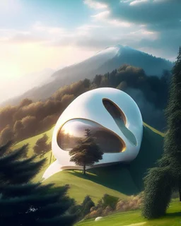 Villa on the mountain egg shaped architecture Zaha Hadid trees people summer weather clouds hyper realistic 8k