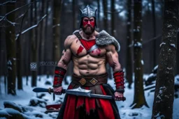 A strong man standing in cold windy snowy forest, shirtless, body scars, bloody, bear paws scars on chest, wearing a knight helmet face covered, carrying an axe