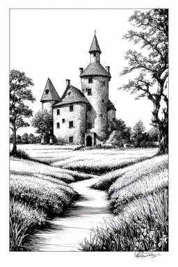 Create an intricate hyper-realistic ancient veduta signature pen and ink drawing of tranquil landscape with abandoned castle. The drawing features meticulously detailed strokes that capture the delicate beauty and soft lighting of the scene.The detailed illustration captures a peaceful atmosphere with a harmonious blend of vivid colors and textures, creating a soothing and immersive experience for the viewer,