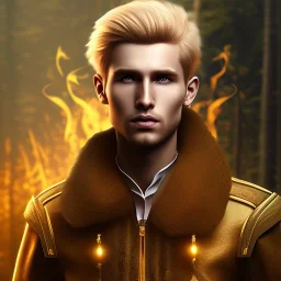 Male, Human, Blond, Sorcerer, Fire Mage, Golden Eyes, Young, Photorealism, Full Body Shot, Forest Background