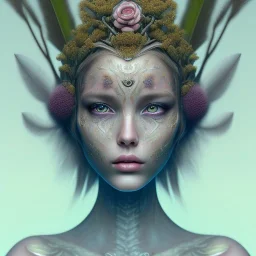 Portrait of beautiful girl, face dept of field,face shining, plant, metal, feathers, Dryad, fae, sidhe, ominous, nature, plants, wildflower, facepaint, dnd character portrait, intricate, oil on canvas, masterpiece, expert, insanely detailed, 4k resolution, retroanime style, cute big circular reflective eyes, cinematic smooth, intricate detail , soft smooth lighting, soft pastel colors, painted Renaissance style,sharp fucus, bokeh,macro lens, 1500mm lens