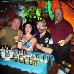 Gina Strippoli brian anwander and Steve Moretti chillin with aliens drinking beer in a mothership