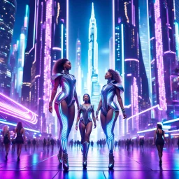 Detailed, highly intricate 3D fractal recursive art, with dancer girls wearing modern fashionable clothing,walking to looking at camera in a magical, futuristic cityscape with towering skyscrapers, hovering vehicles, and glowing neon lights. The city has an otherworldly, dreamlike quality, with a sense of wonder and escape. Hyper-realistic, 8K resolution, cinematic lighting, stunning detail