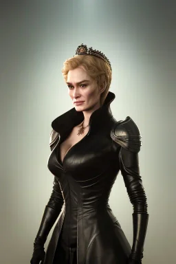 Cersei Lannister as evil queen in black leather coat, busty, cleavage, voluptuous, lena headay, angry, stern look. character design by cory loftis, fenghua zhong, ryohei hase, ismail inceoglu and ruan jia. unreal engine 5, artistic lighting, highly detailed, photorealistic, fantasy