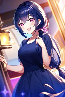 girl, masterpiece, best quality, cinematic lighting, detailed outfit, vibrant colors, perfect eyes, dark blue hair, pink eyes, long hair, low ponytail, dark blue dress, sparkle, depth of field, indoors, god rays, glowing light, ray tracing, laughing,