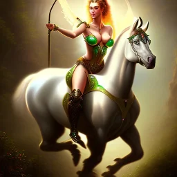 fullbody portrait of beautiful busty amazon woman with big green eyes riding a horse by Luis Ricardo Falero 8k