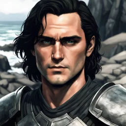 A portrait of Joaquin Phoenix in his early 30s, long beachy haircut, black hair, on a rocky island, in ebony armor from Skyrim, melancholic and dangerous facial expression, half-smiling, in the style of manga