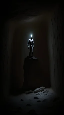 sculpture of a figure in semi-darkness, on the scree cone of an underground room dimly lit by daylight coming from a well located forty meters above.