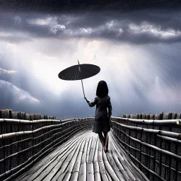 close view from behind of japanese girl on a wooden walkway holding bamboo unbrella and looking at a stormy sky with rays of sunlight breaking through the stormy sky, Kyoto street, 8k, high-quality, ultrafine-detail, intricate, digital painting, brian froud, howard lyon, selina french, anna dittmann, annie stokes, Greg Rutowski