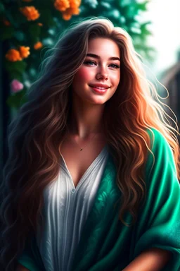 FRealistic digital art, full body portrait, ethereal, mature, full body,beautiful and attractive young Norwegian, cute nose, brown hair and white hair, long wavy braided hair, full lips, sweet smile, light natural makeup, Nordic patterns, long wavy hair, malachite colored eyes, digital art, masterpiece, April, Summer Fashion, smooth soft skin, curly hair, detailed eyes, detailed face, looking into camera, intricate, summer outfit, pink, back lighting, realistic concept art, digital painting, 3D