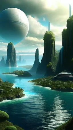 sci fi planet, large futuristic city, ocean, waterfalls