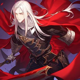 Vampire knight, young man, handsome, long white hair, black full plate armor, red cape