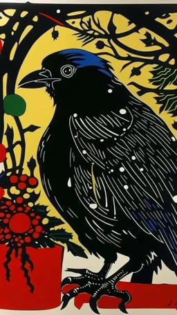 A contemporary serigraphy by Matisse and miyazaki of a human-like crow with a punk leather jacket within a Christmas atmosphere.