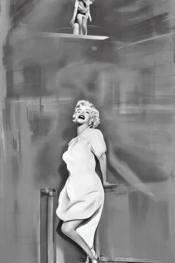 Painting, photorealistic, Marilyn Monroe, ankle-length white dress, standing over a subway grating, dress blowing up, style of The Seven Year Itch