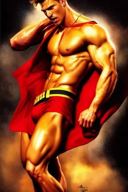 Ignore NSFW, teenager young rugged attractive slightly muscular fantastic handsome man, red briefs with yellow belt, hairy chest, (((visibly pisssing))) briefs, large erect visible boner peniss, photorealistic, artist Jay Anacleto