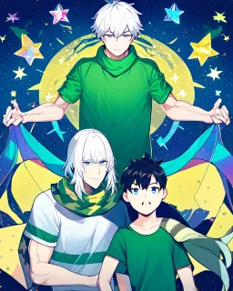 Young boy aged 14, determined, has white hair, wears a green t-shirt with yellow stripes, wears a scarf with the colors of the rainbow, He is sad but looks ahead with a determined look, has light blue eyes, stars behind the character, and a colorful aura.