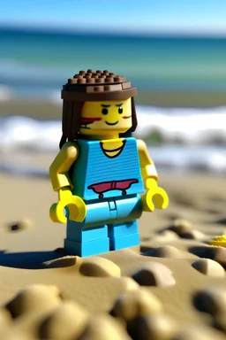 A Lego friends style minidoll on a beach