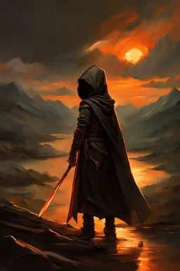 A formidable warrior-a 10-year-old boy in a black robe with a hood, on the background Amazing gloomy landscape, flooded with sunset, mountains, trees, fabulous scary hero, , juicy emotions, painting, dark fantasy, bad weather, gloomy day, dark world, by Raymond Swanland & Anna Razumovskaya & James Paick & Alyssa Monks