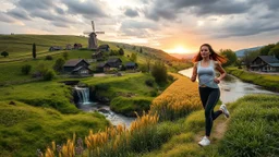 a village over high grassy hills,a small fall and river and wild flowers at river sides, trees houses ,next to Ripe wheat ready for harvest farm,windmill ,a few village local shops ,cloudy sun set sky, a beautifull lady in sports pants and top shirt runimg to camera along river side