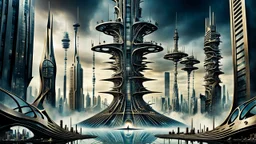 a stunningly weird image of a futuristic tall tower metropolis using Salvador Dali's paranoiac-critical method, where buildings and structures appear to melt into the skyline cityscape is filled with floating mad, twisted sharp metal shapes that interact with the buildings and each other, forming a surreal tableau of a dreamlike reality. neu-steampunk vibe, essence of the scene in a cinematic manner, dramatic shadows , perspectives and bizarre, deep colors, futuristic surreal