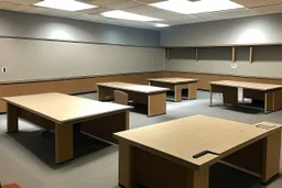 Desks for 10 employees. The walls and furniture will be brown, and the desks will be in the shape of a letter on two of the walls of the room.