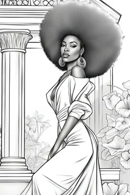 Coloring page of a elegant fashion model black woman with afro, dynamic poses, full body portrait, thick and clean lines, clean details, ar 2:3, no-color, coloring page style, no-turban, coloring page style, non background, non color, non shading