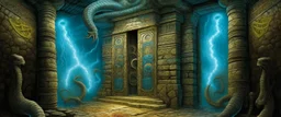 realistic strange paleozoic hydra "dimensional portal made of subatomic particles" in a gigantic Pueblo bejeweled palace hyeroglyphs on the walls, thunderbolt storm