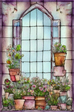 Shabby chic window with flowerpots and bouquets filled with beautiful flowers.full sunlight, stormy clouds, bird, watercolour and ink, stained glass Modifiers: elegant intricate beautiful fantastic view crisp quality colourful Jean-Baptiste Monge pastel colors full view