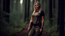 30 years old woman, nice figure, big ass, breasty, blonde, round face, dressed in t-shirt and military pants and boots, tourist backpack, standing in forest, looking at viewer, fright on her face