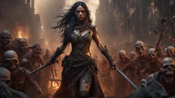 a horrifying female sorcerer leading an army of rotting zombies through burning city. fantasy setting. armor melted into the skin. blood. intense horror. blind terror. scared to death. a masterpiece, fantasy concept art, dynamic lighting, hyperdetailed, intricately detailed, deep color, Unreal Engine, volumetric lighting, Epic cinematic brilliant stunning intricate meticulously detailed dramatic atmospheric maximalist digital matte painting