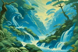 A blue watery coast with water dragons near a rainforest designed painted by Thomas Hart Benton