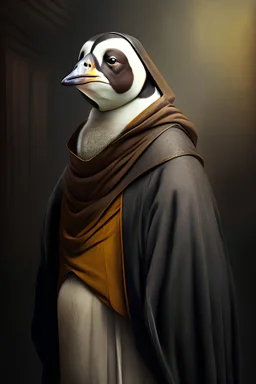 portrait of penguin dressed as a monk , realistic, looking in front