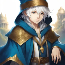 Fantasy World, A boy only wearing a closed wizards robe, and wearing a wizards hat. White Hair. Golden Eyes.