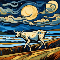 una vaca saltando en la llanura pampeana argentina bajo una luna brillante al estilo de Edvard Munch