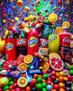 An image filled with Fanta, Coca-Cola, Sprite, chocolate, fruit juices, various fruits, fruit slices, various chocolates from global brands, M&M chocolate, chips, snacks, and chewing gum in a psychedelic, colorful, and eye-catching space.