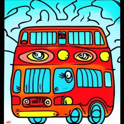 bus with eyes by jim woodring in cartoon style