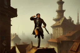 Assassin running on a roof, 1800, industrial revolution, hooded man