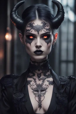 A well dressed beautiful demon,gothic aesthetic, glowing eyes, face tattoos