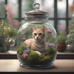 cat in a glass jar shaped as genie bottle, terrarium filled with flowering plants, highly detailed, digital art, sharp focus, hyperrealistic, high octane render, unreal engine