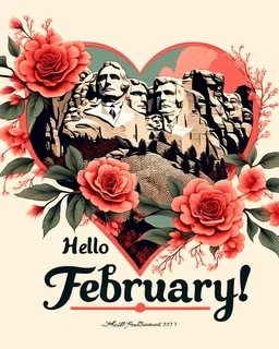 1:1 ratio A highly detailed Image in the style of Art Nouveau, of tastefully painted hearts and flowers in shades of reds, pinks, corals and ivory, add a superimposed transparent image of the president's on Mount Rushmore in the corner. Image is edge to edge, no frame. Bold script text "Hello February!" , wide-angle shot, vibrant color grading, shallow depth of field, adventure, league of legends style concept art
