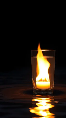 Fire in a glass, candle s on river water surface dark background with stars