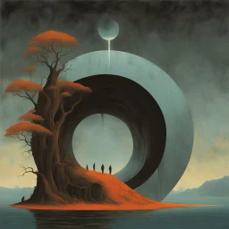 Surreal style by Alessandro Gottardo and John Stephens and Zdzislaw Beksinski, the faceless spinning dark shine hole in the soul, hot colors and cold hues, eerie, neo-surrealism, creepy, concept art, unbalanced and uncentered composition