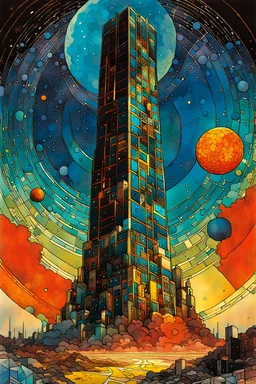 Create chaotic abstract cubist Tarot Card depicting a post apocalyptic, The Tower , with highly detailed features, in the style of Bill Sienkiewicz, Philippe Druillet, Gustav Klimt, and Jean Giraud Moebius, precisely drawn, colored and inked