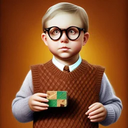 Peter Billingsley chubby kid Tortoise-shell glasses, holding ((Dark red soap bar)) in his hand, brown argyle sweater