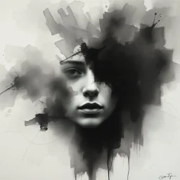 A hauntingly beautiful abstract portrait of a human face emerging from soft charcoal strokes. The figure is partially obscured with blurred, smudged textures, creating an ethereal and ghostly effect. The face conveys subtle sadness and mystery, with deep shadows and faint highlights giving it a timeless ...